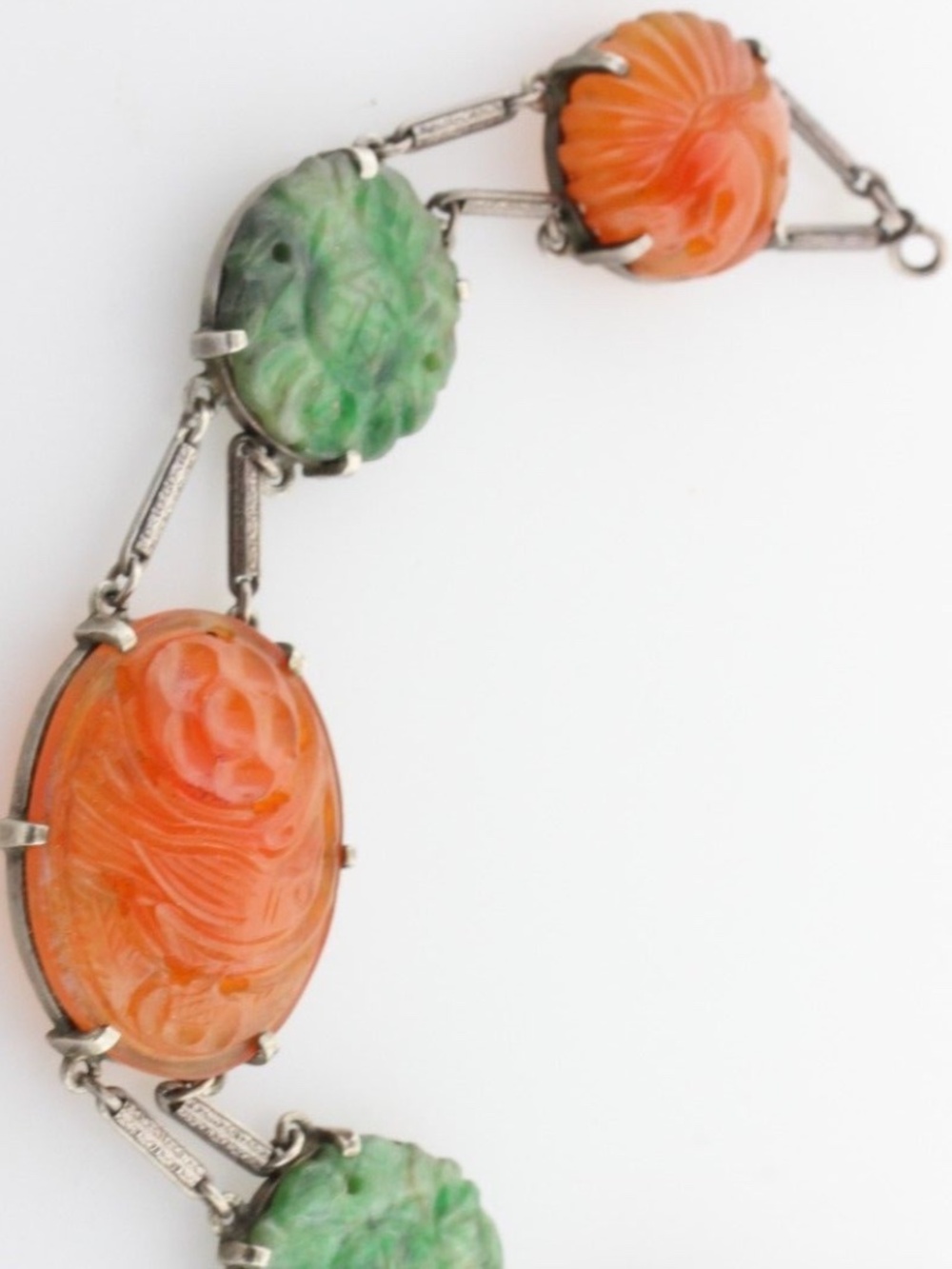 Sterling Silver Carved Floral Red Jadeite & Jade Hinged Bar Link Bracelet - 7.5"